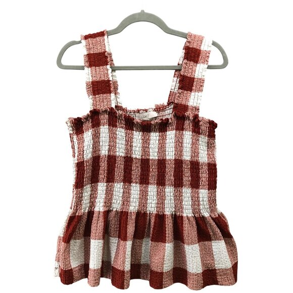 Loft Smocked Cami Womens XL Peplum Rust Brown Plaid Stretch - Picture 1 of 8